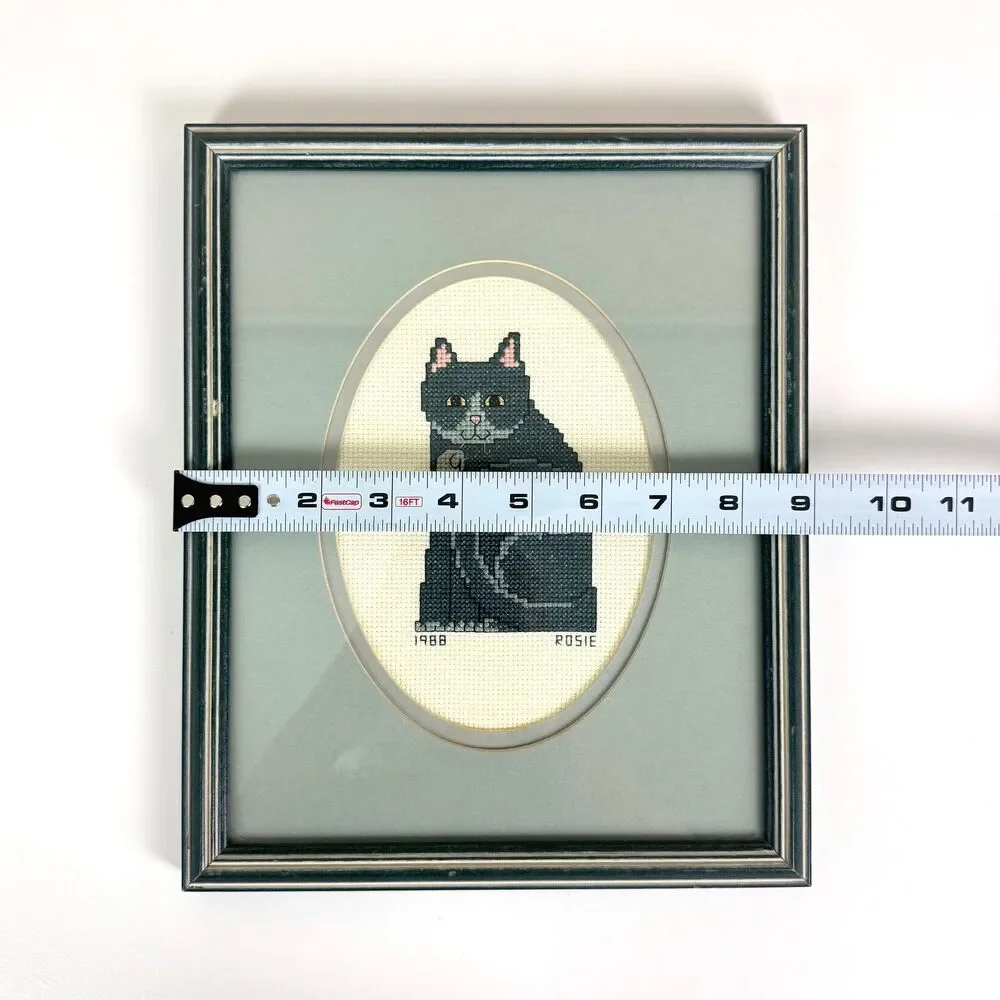 Vintage 1988 Cat Cross Stitch Wall Art / Handmade Framed Kitty Mouse Needlework